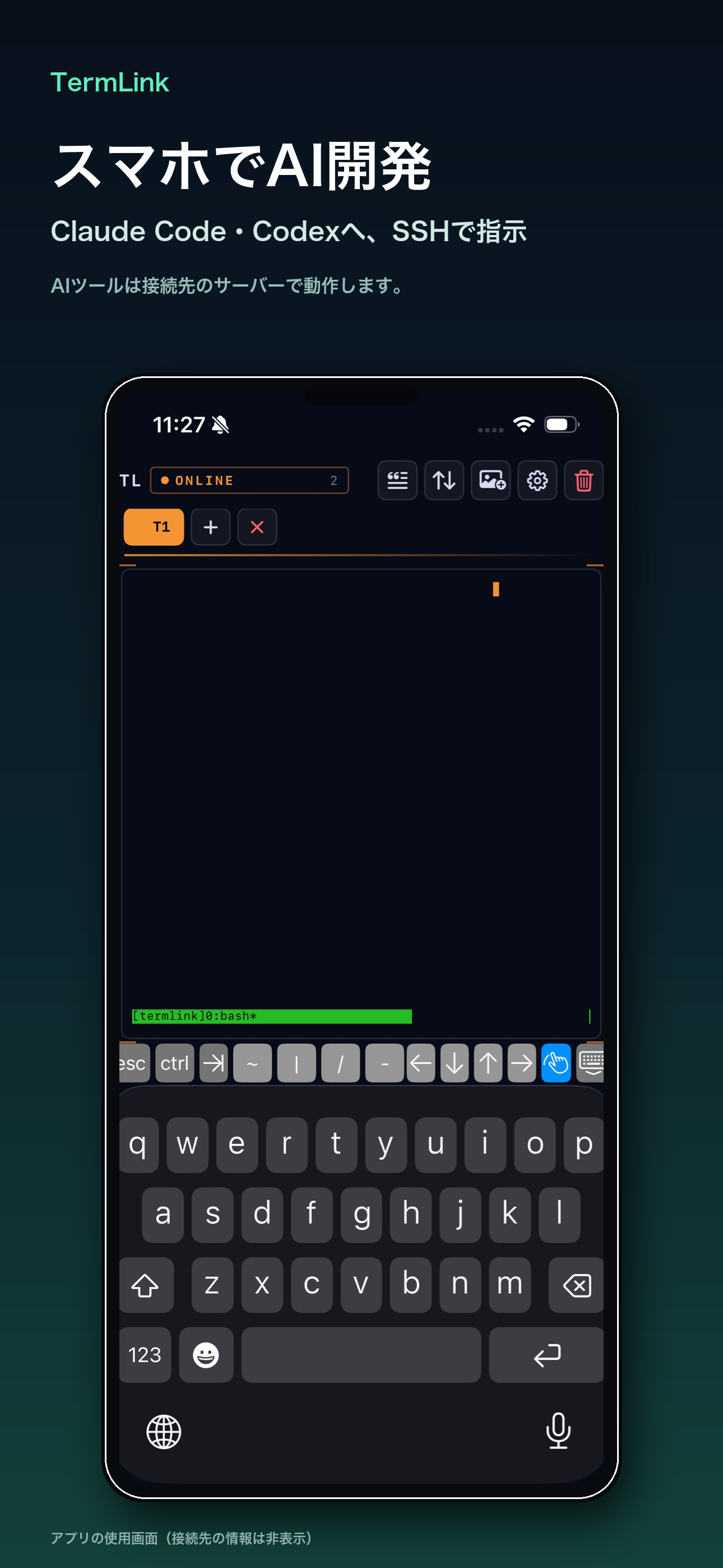 TermLinkのターミナル画面。タブ、画像送信ボタン、補助キーとキーボードを表示。